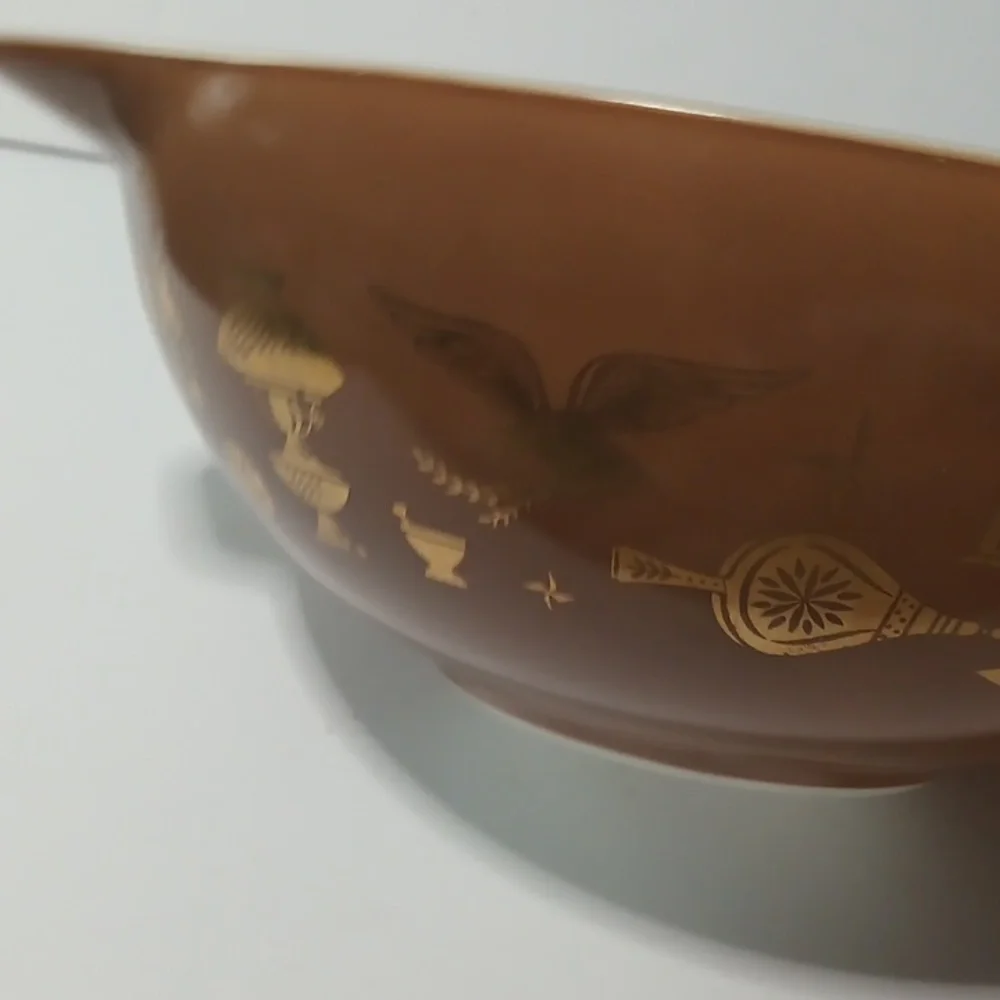 PYREX Vintage Mixing Serving Bowl Chocolate Golden Symbols Graphics Hand Washed